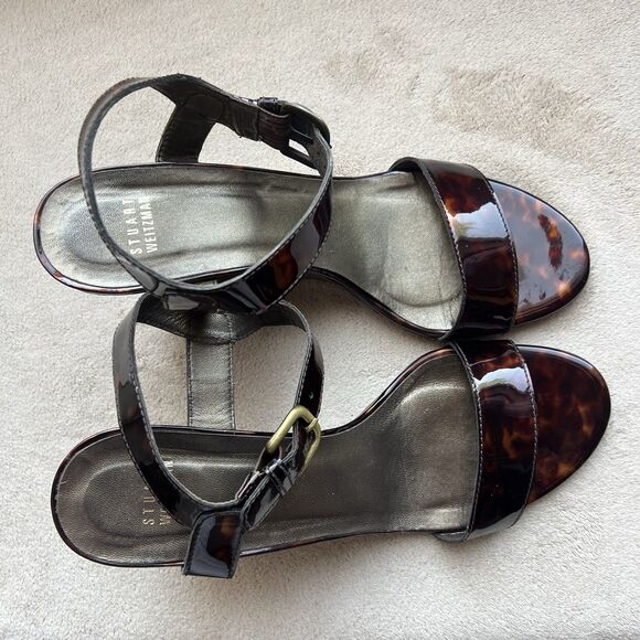 Stuart Weitzman Patent Leather Tortoise High Wedge Heel Sandals Women 10 M - Picture 8 of 16